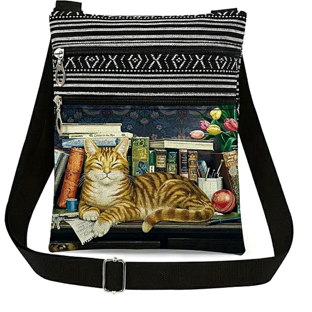 Adorable Cat on Bookshelf print mini cross body bag, NWT
